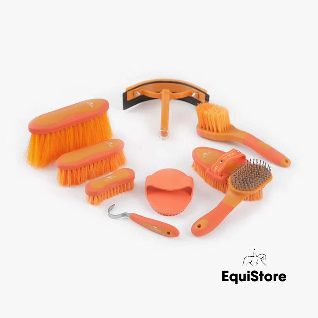 Premier Equine Soft-Touch Horse Grooming Kit Set  with 9 Pieces in orange and amber