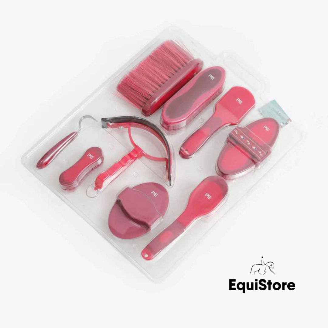 Premier Equine Soft-Touch Horse Grooming Kit Set  with 9 Pieces in wine and fuchsia 