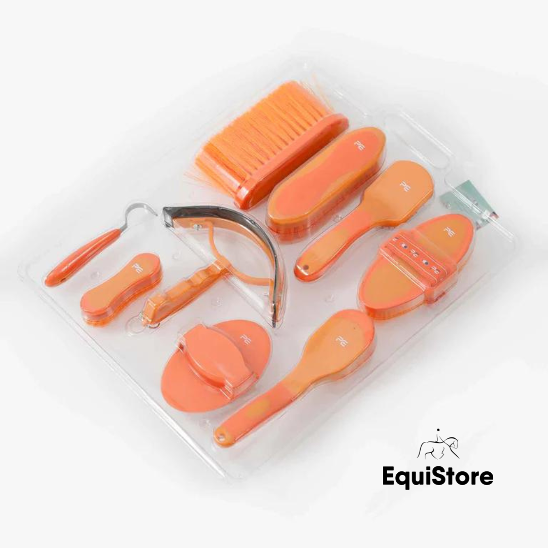 Premier Equine Soft-Touch Horse Grooming Kit Set  with 9 Pieces in orange and amber
